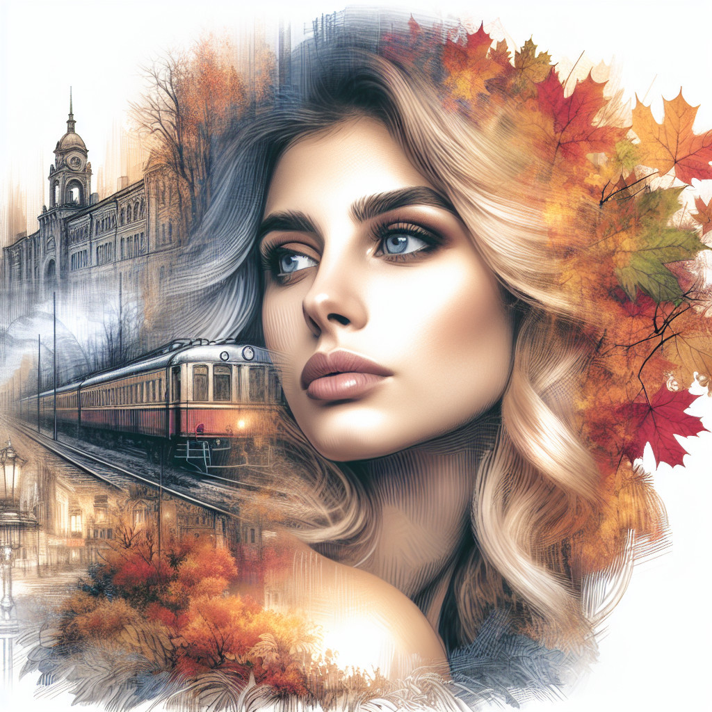 Young woman in autumn leaves with urban landscape backdrop
