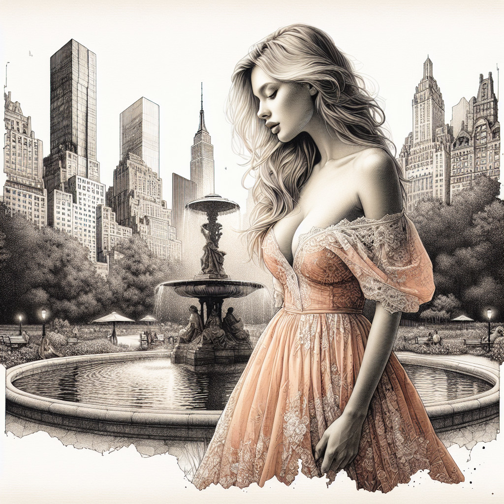 Vintage Coral Dress by Fountain with City Skyline