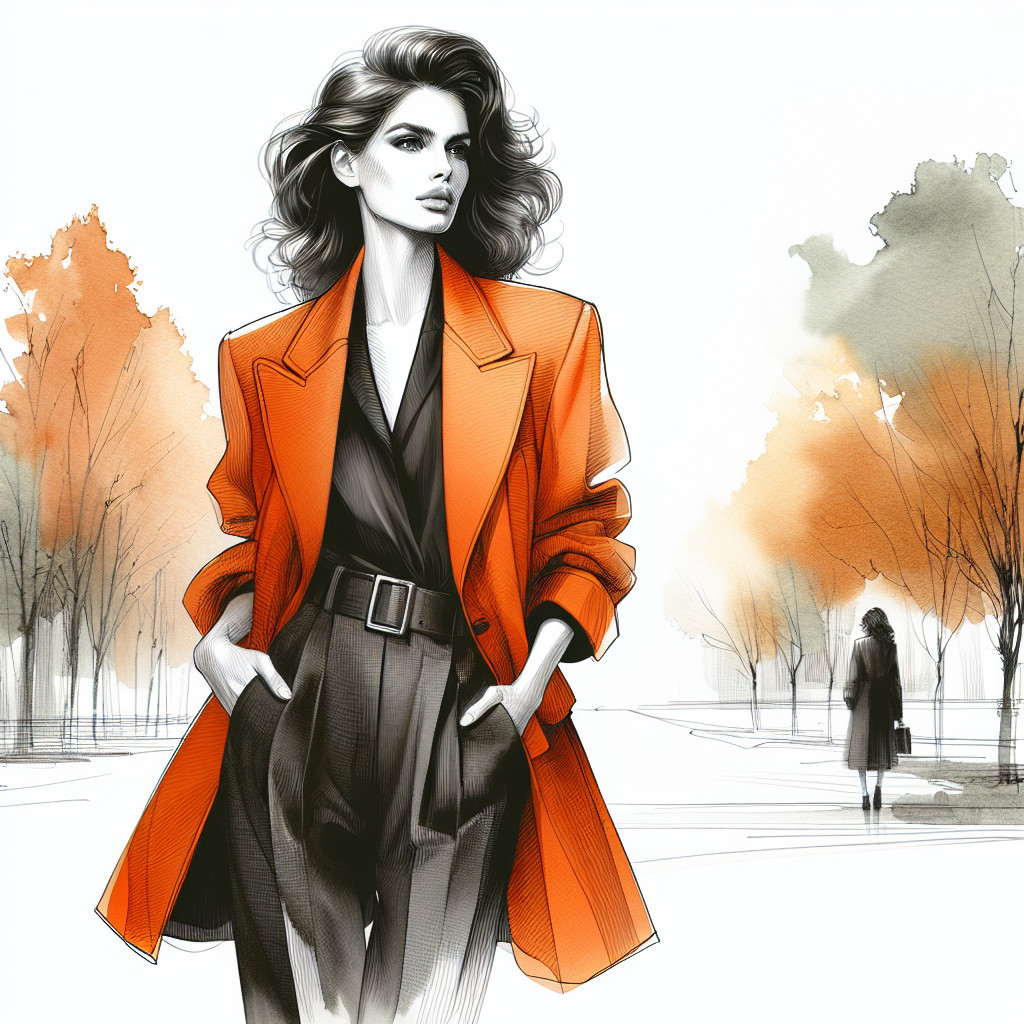 Stylish Woman in Orange Coat Amidst Autumn Landscape