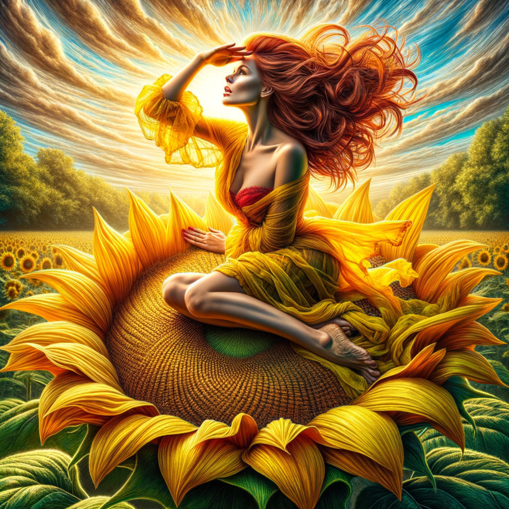 Woman on Sunflower with Red Hair and Dramatic Sky