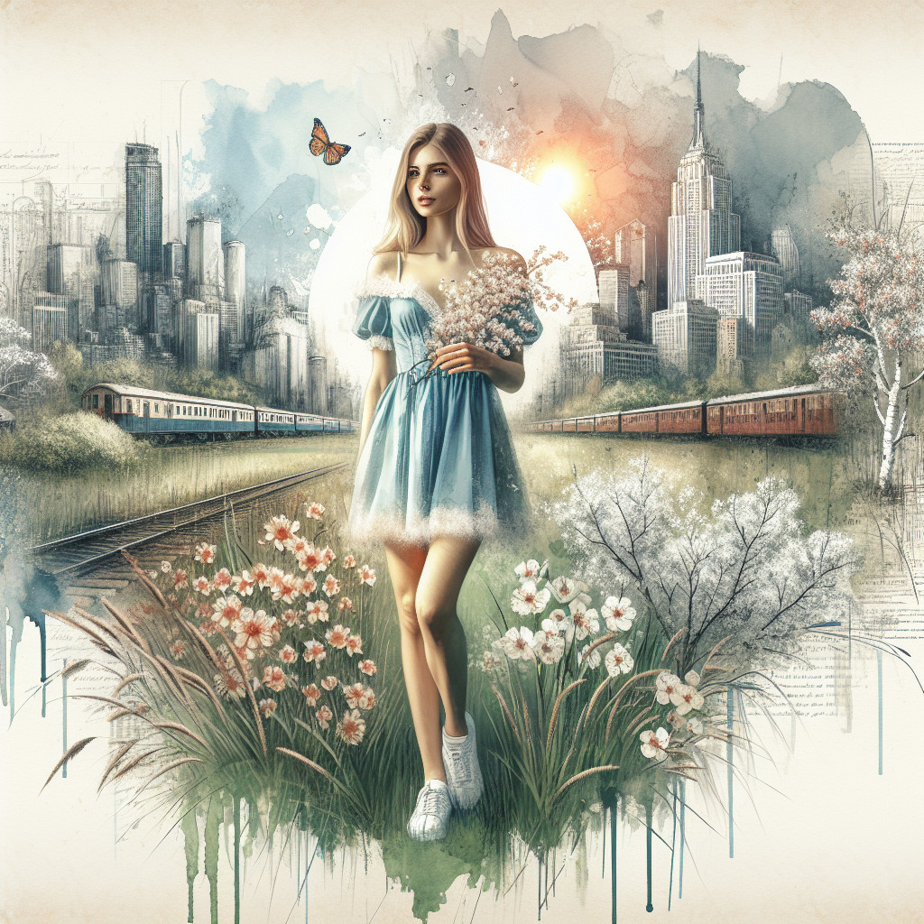 Young Woman in Blue Dress Surrounded by Flowers and City