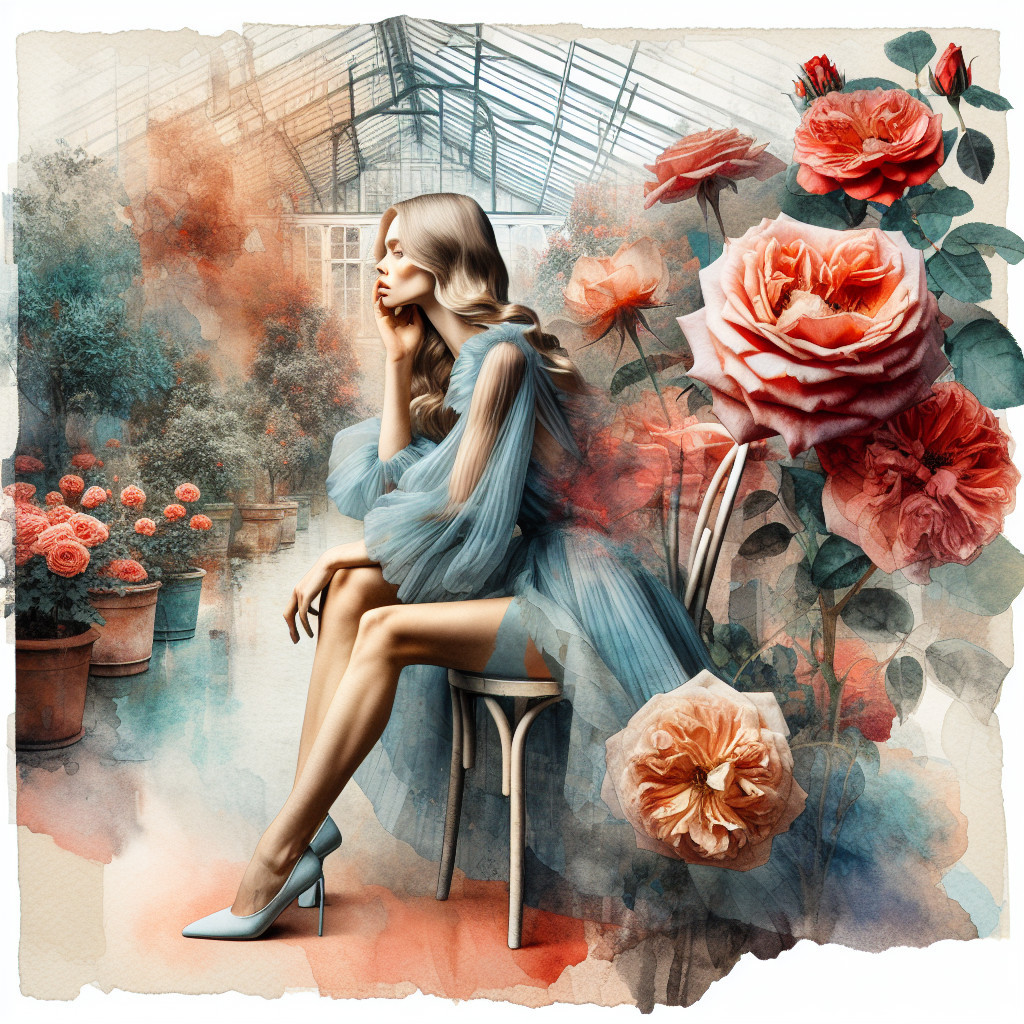 Elegant Woman in Dreamy Greenhouse with Roses