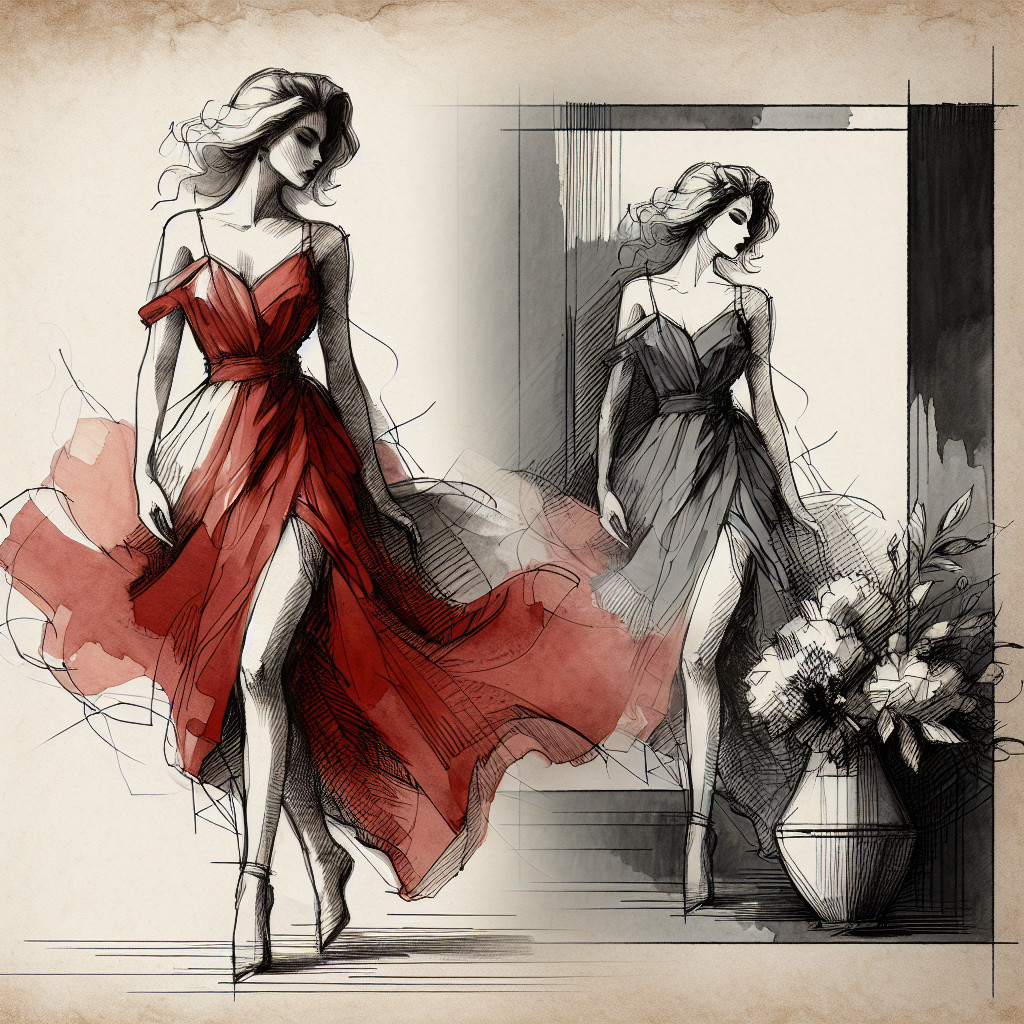 Fashion Illustration of Woman in Elegant Dresses