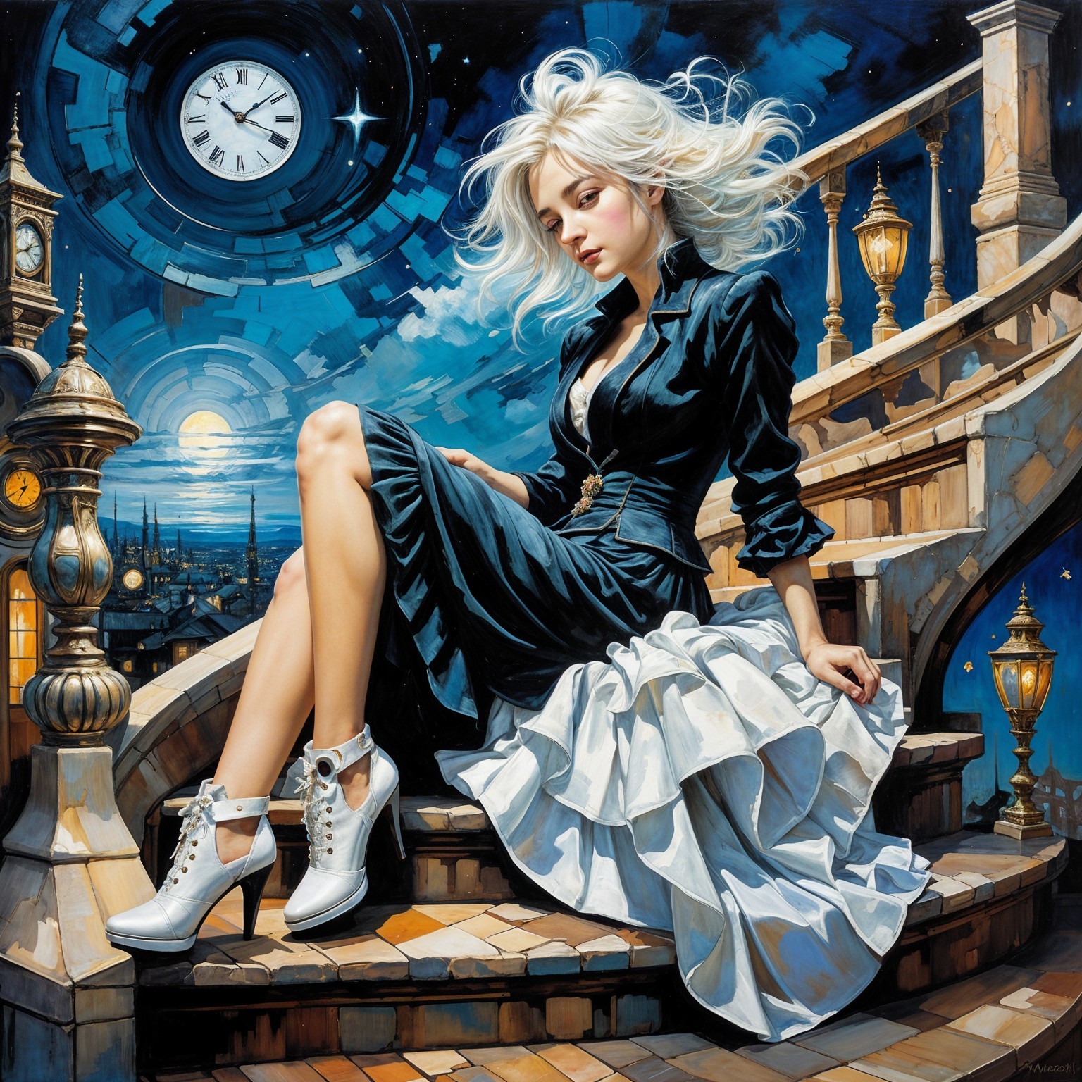 Elegant Woman in Black Dress on Ornate Stairs at Night