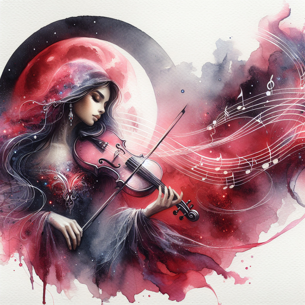 Mystical figure playing violin under glowing moonlight