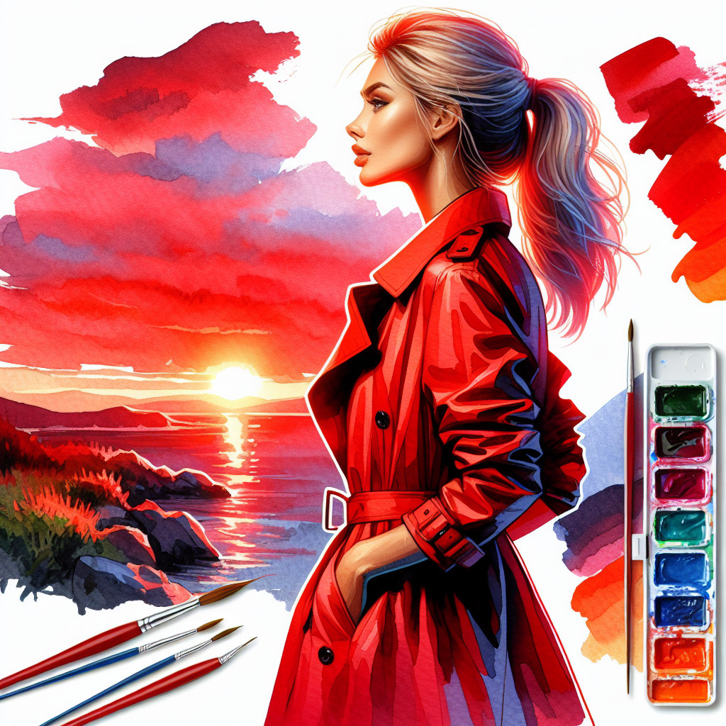 Illustration of a woman in a red coat at sunset