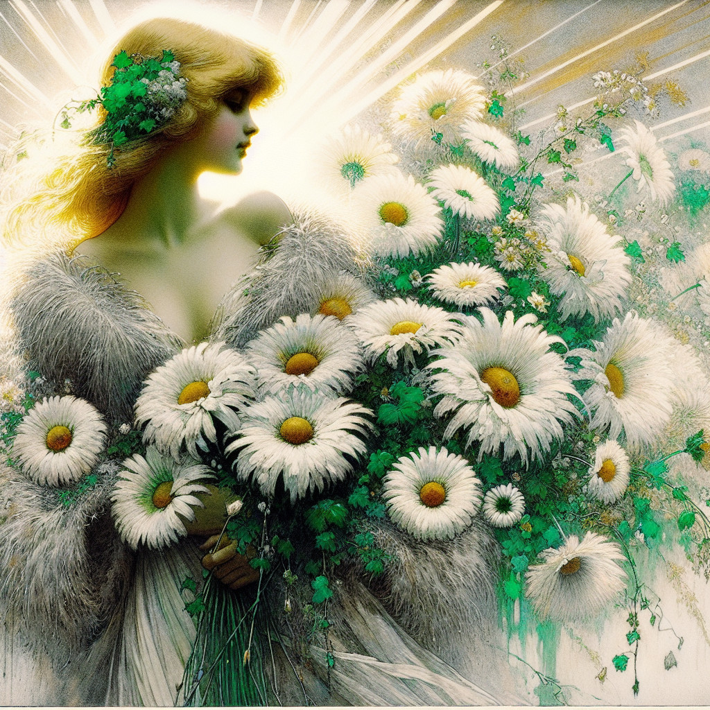 Graceful figure in golden light among white daisies
