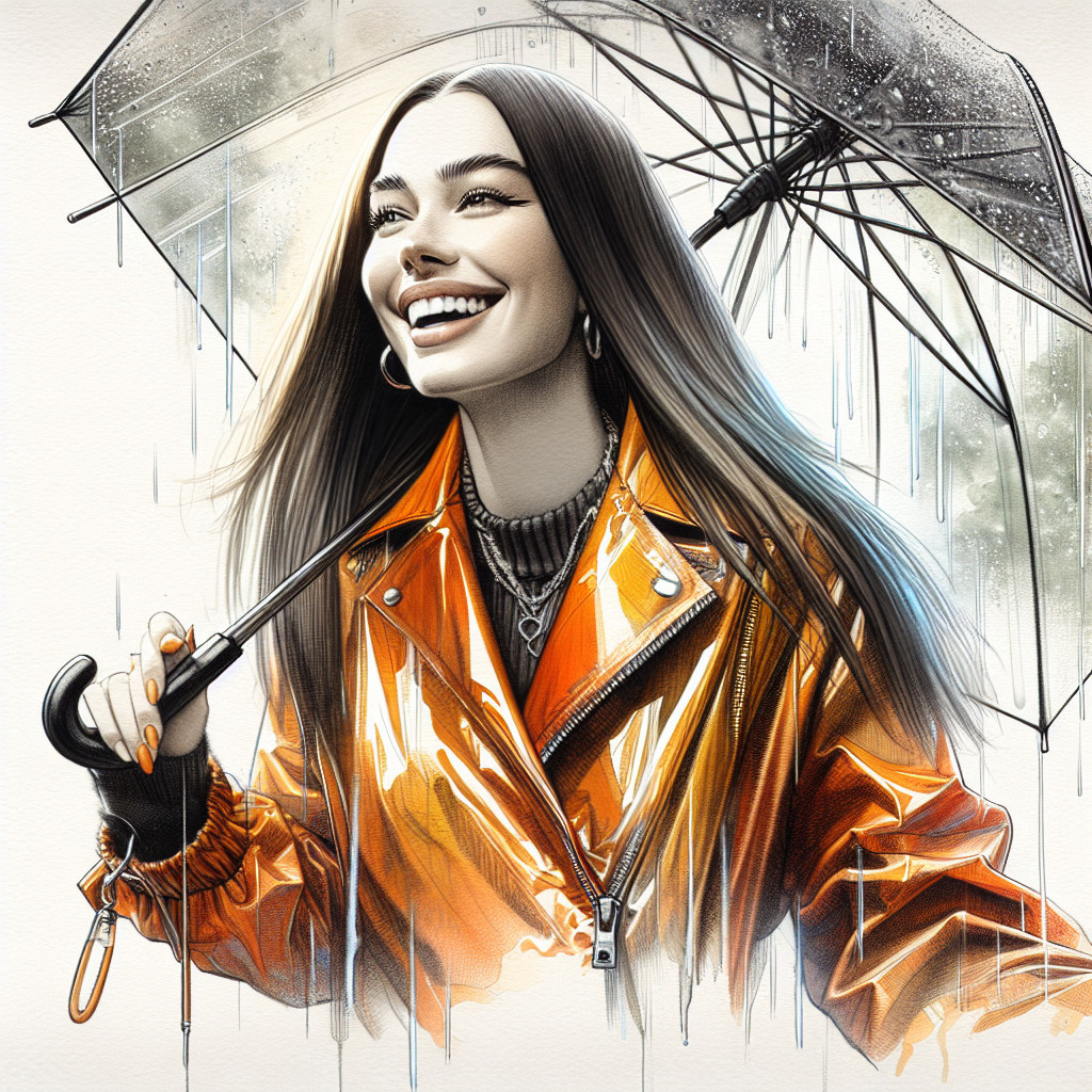 Young woman in orange rain jacket with black umbrella