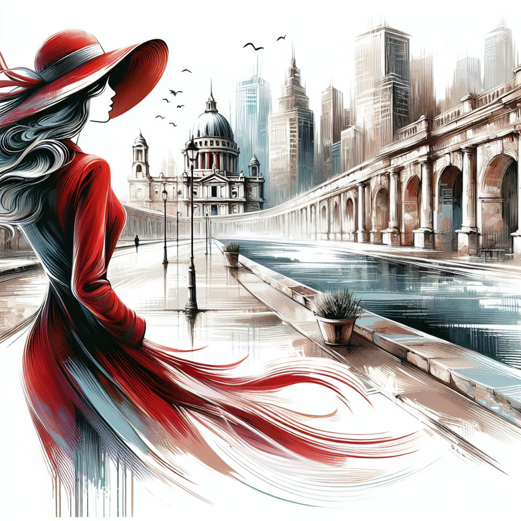 Stylish Woman in Red Dress at Scenic Waterfront