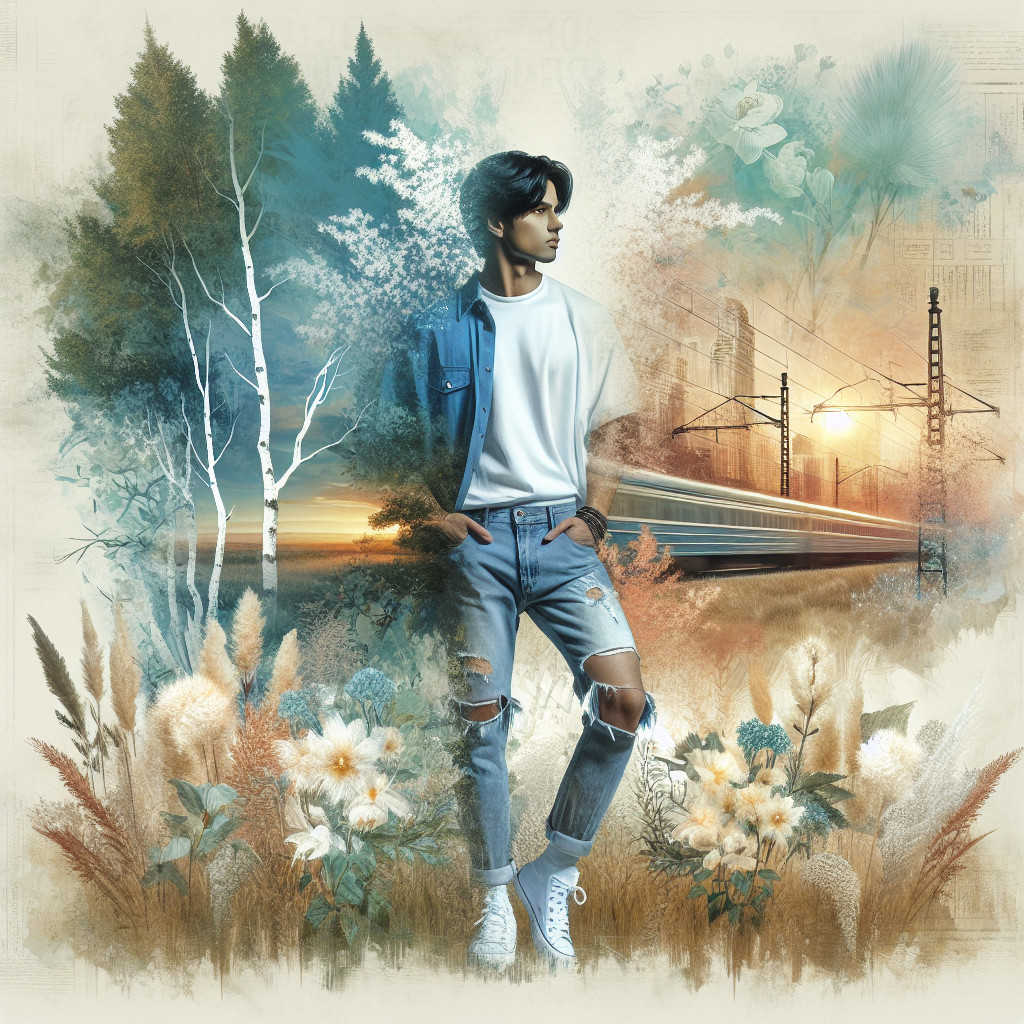 Young man in casual attire amidst nature and urban scenery