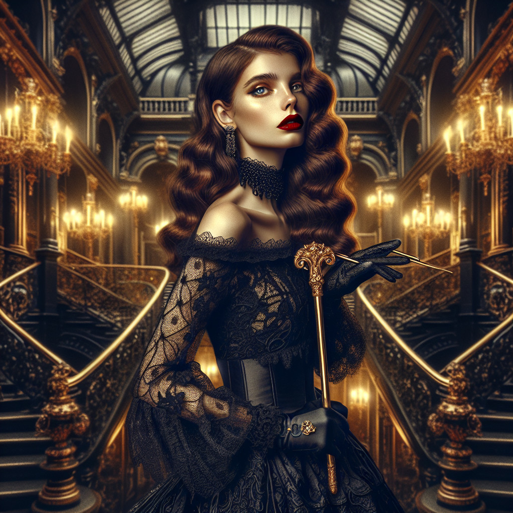 Glamorous Woman in Opulent Interior with Lace Gown