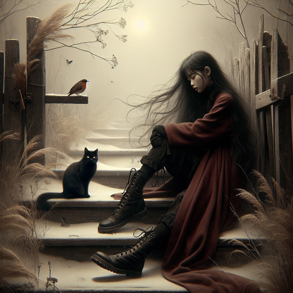 Young woman in dark coat seated on snowy stairs