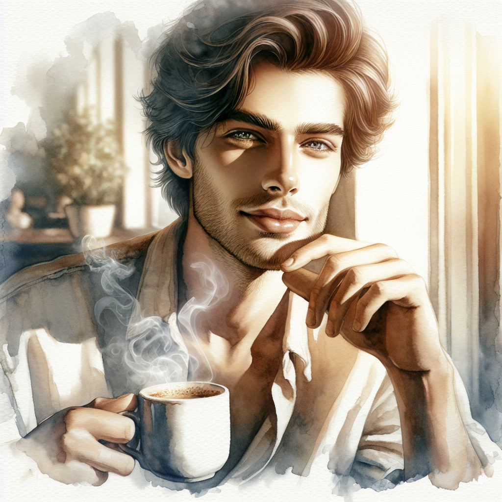 Young man with green eyes holding coffee in warm light