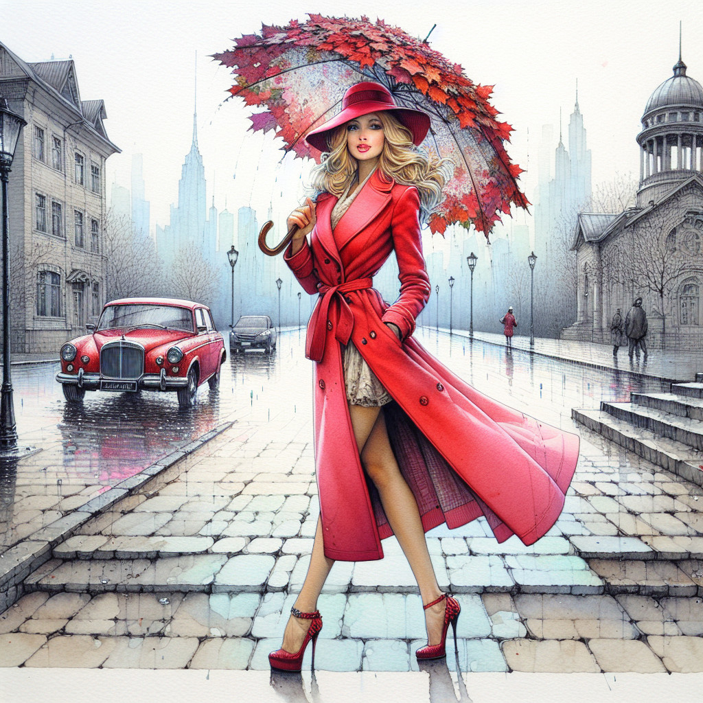 Fashionable Woman with Red Umbrella on Rainy Street