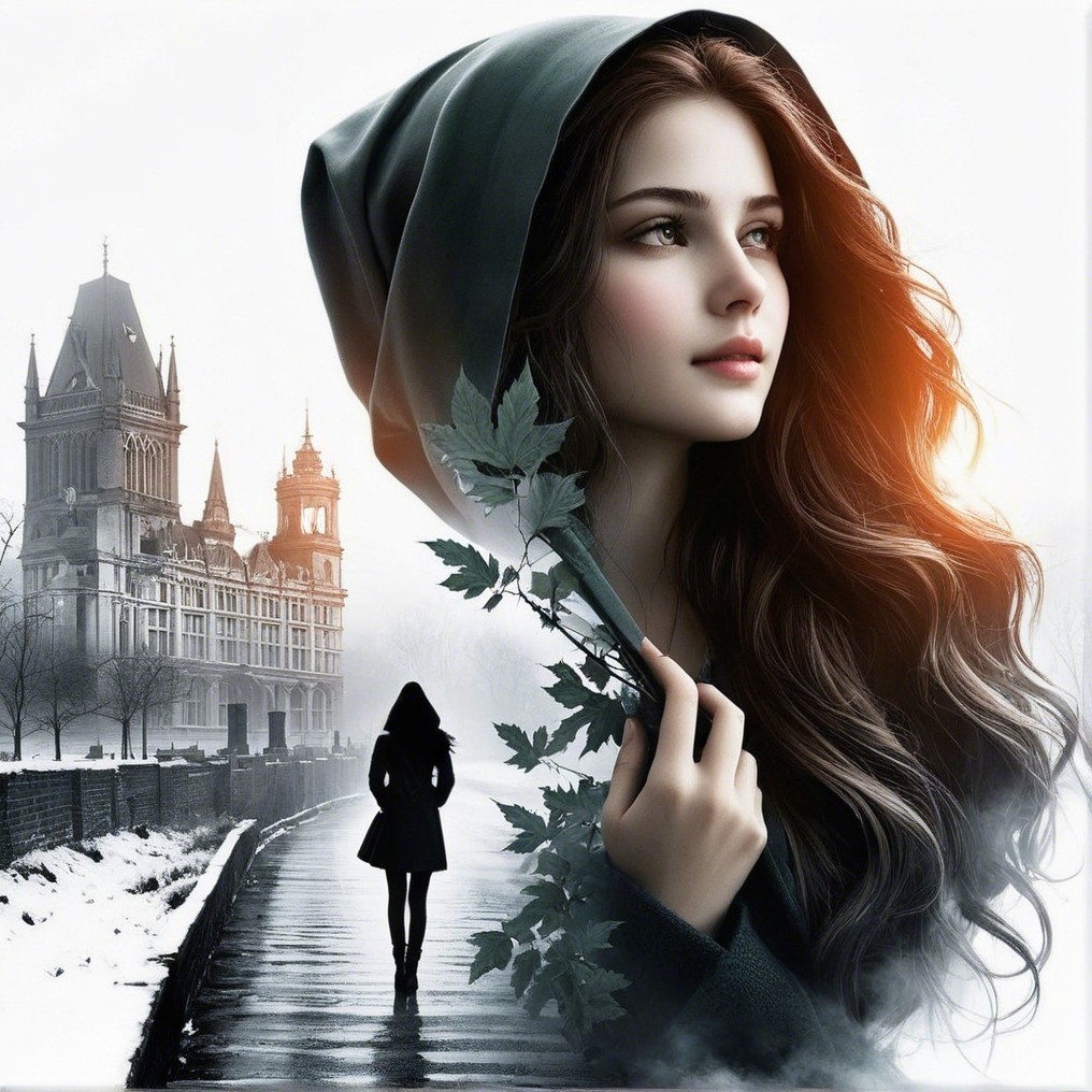 Young woman in cloak with castle backdrop and mist