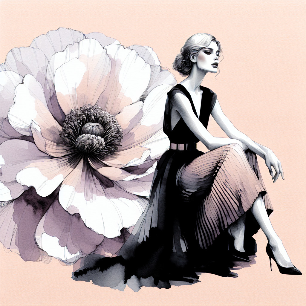 Elegant Woman in Flowing Gown with Floral Background