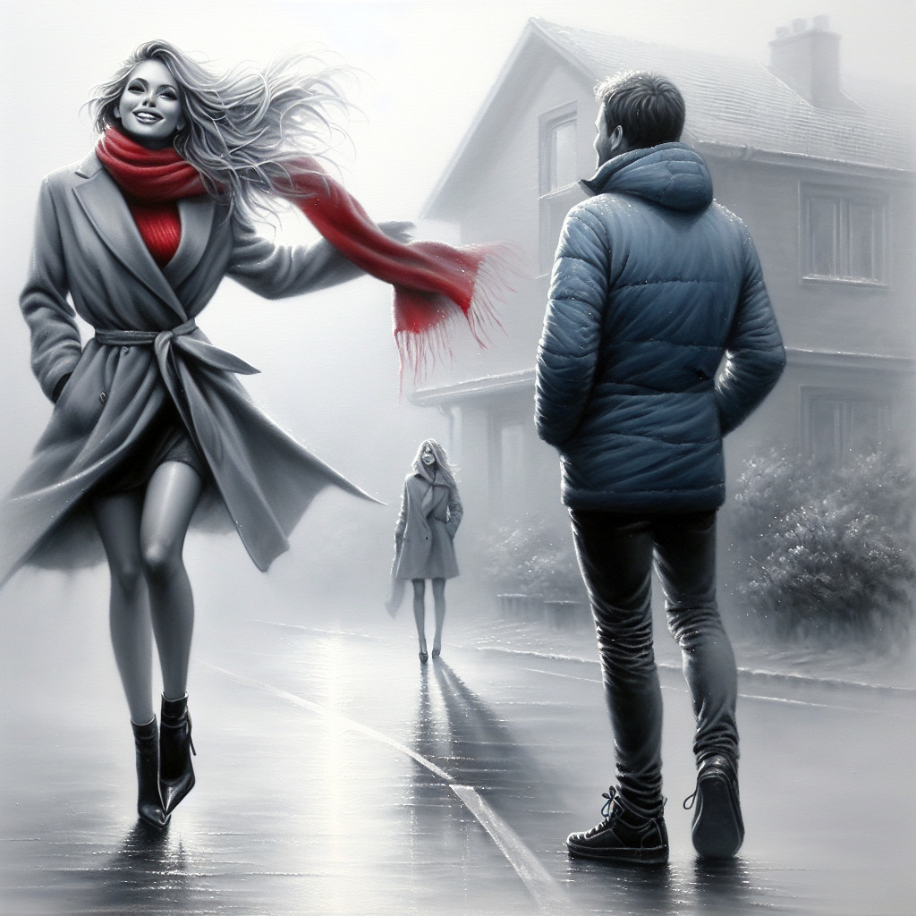 Misty Street Scene with Stylish Figures in Fog