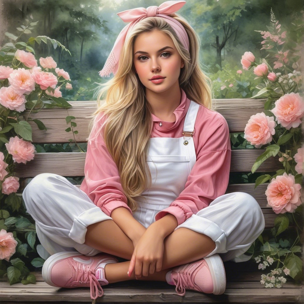 Young Woman in Pink Outfit Surrounded by Roses