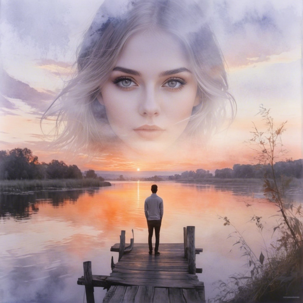 Lakeside Sunset with Reflective Sky and Figure