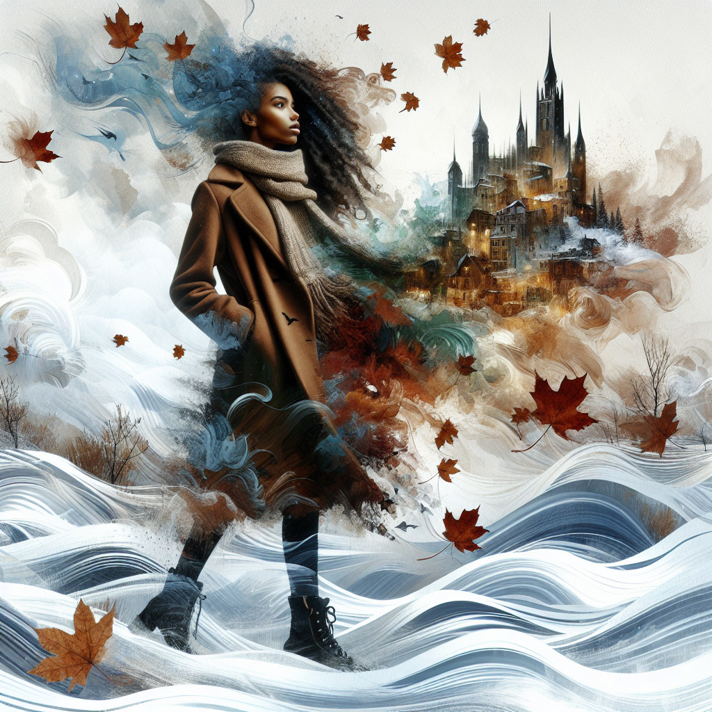 Woman in Cozy Scarf Amidst Dreamy Urban Landscape