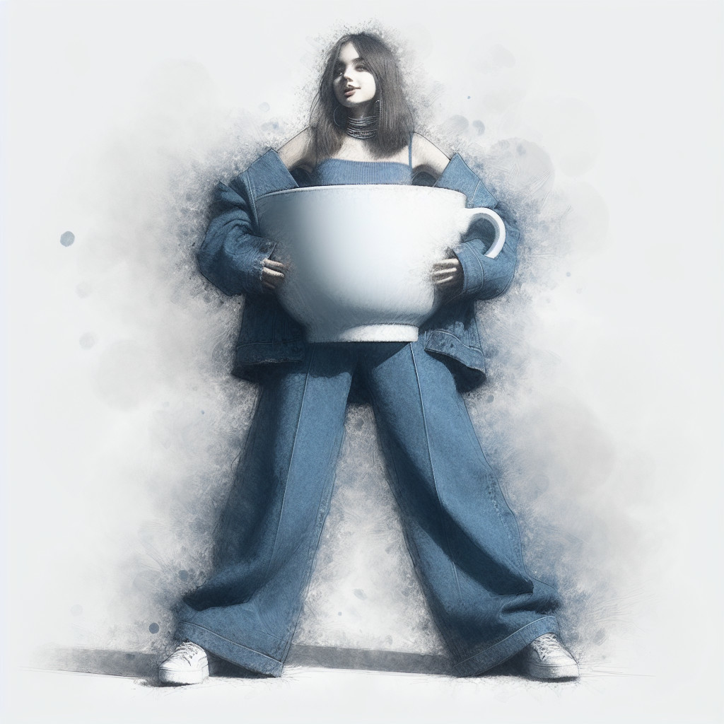 Young woman in oversized denim with large coffee cup