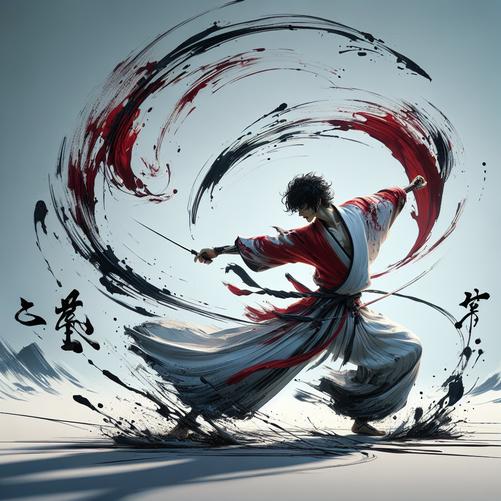 Dynamic Figure in Red and White Garment with Sword