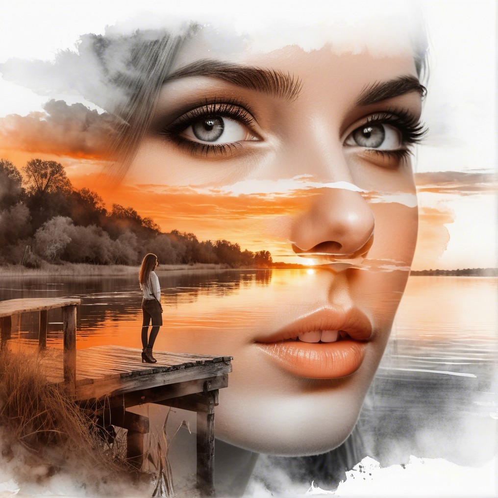 Serene Sunset Landscape with Woman's Face Reflection