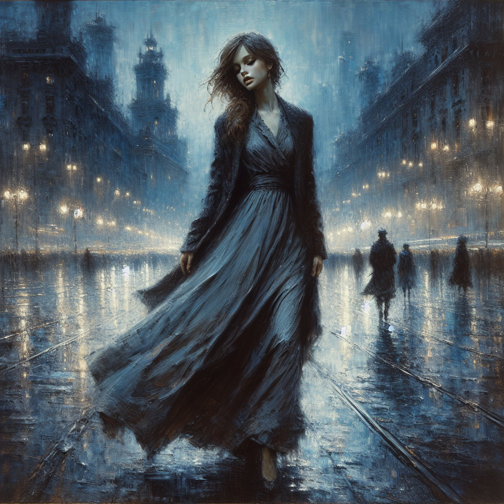 Mysterious Woman in Gray Dress in Rainy Cityscape