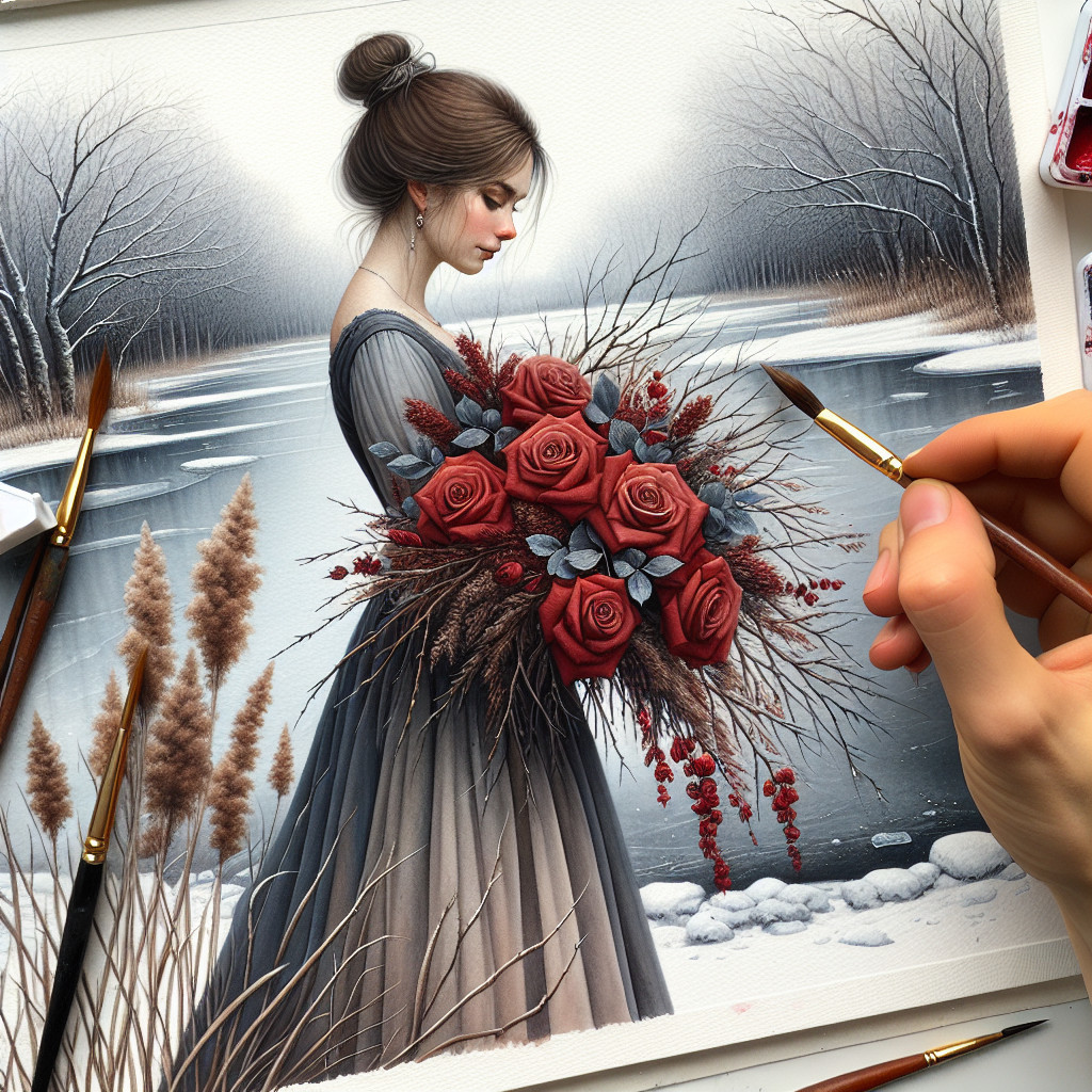 Winter Scene with Young Woman and Red Roses by Lake
