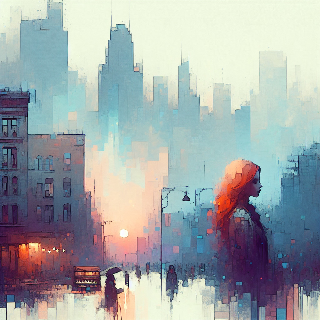 Dreamy Urban Scene with Woman and Cityscape at Sunset
