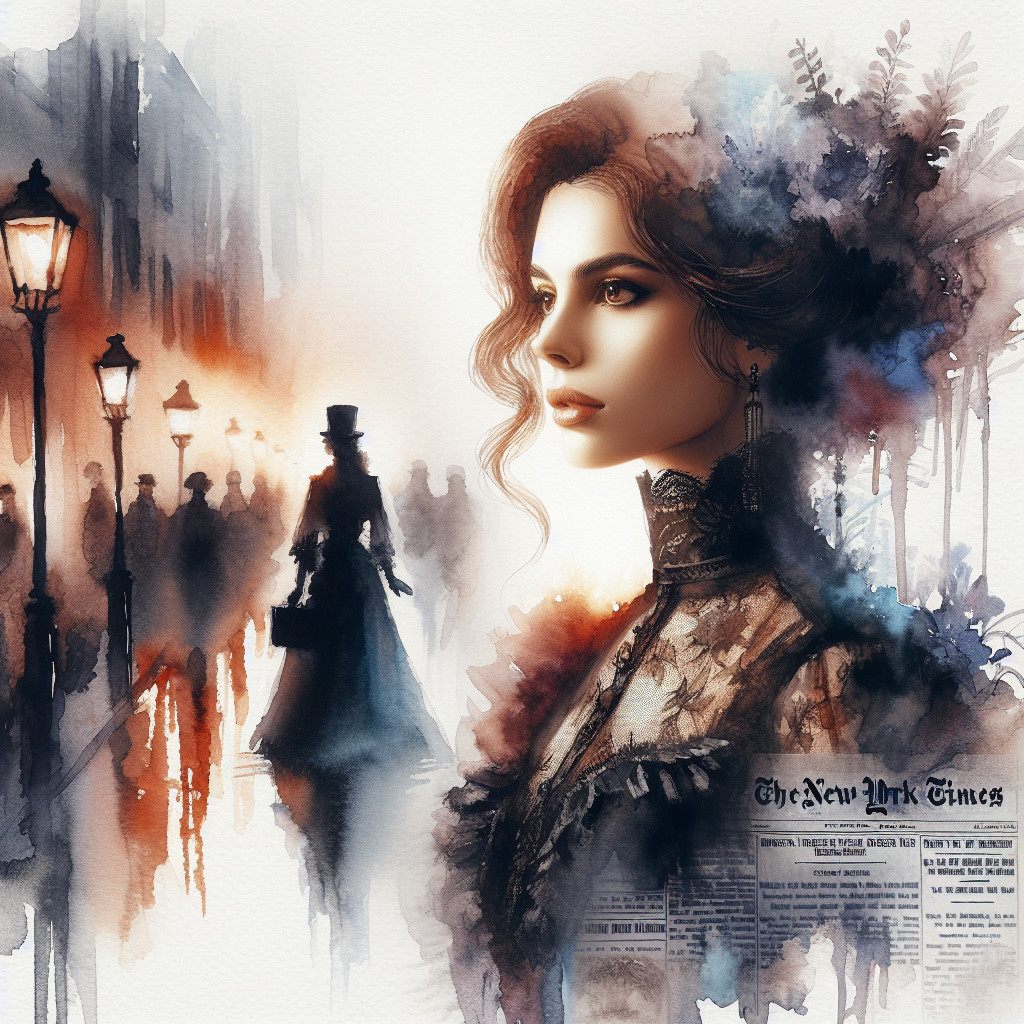 Elegant Woman in Watercolor Scene with Vintage Elements