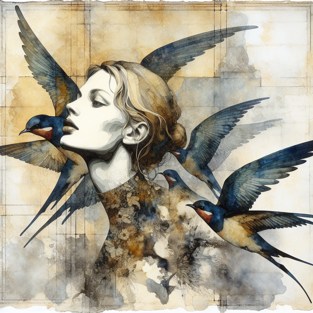 Graceful Woman Surrounded by Swirling Birds in Flight