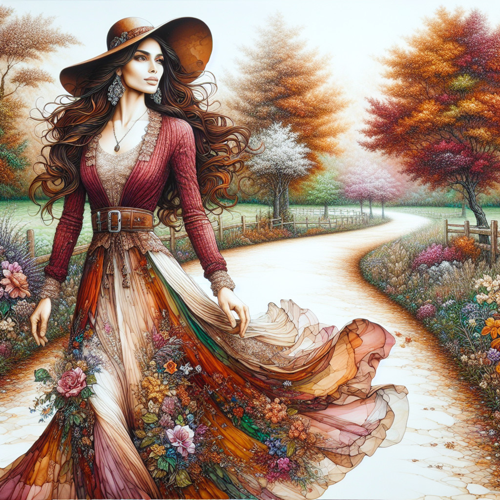 Stylish Woman on Autumn Path with Vibrant Trees