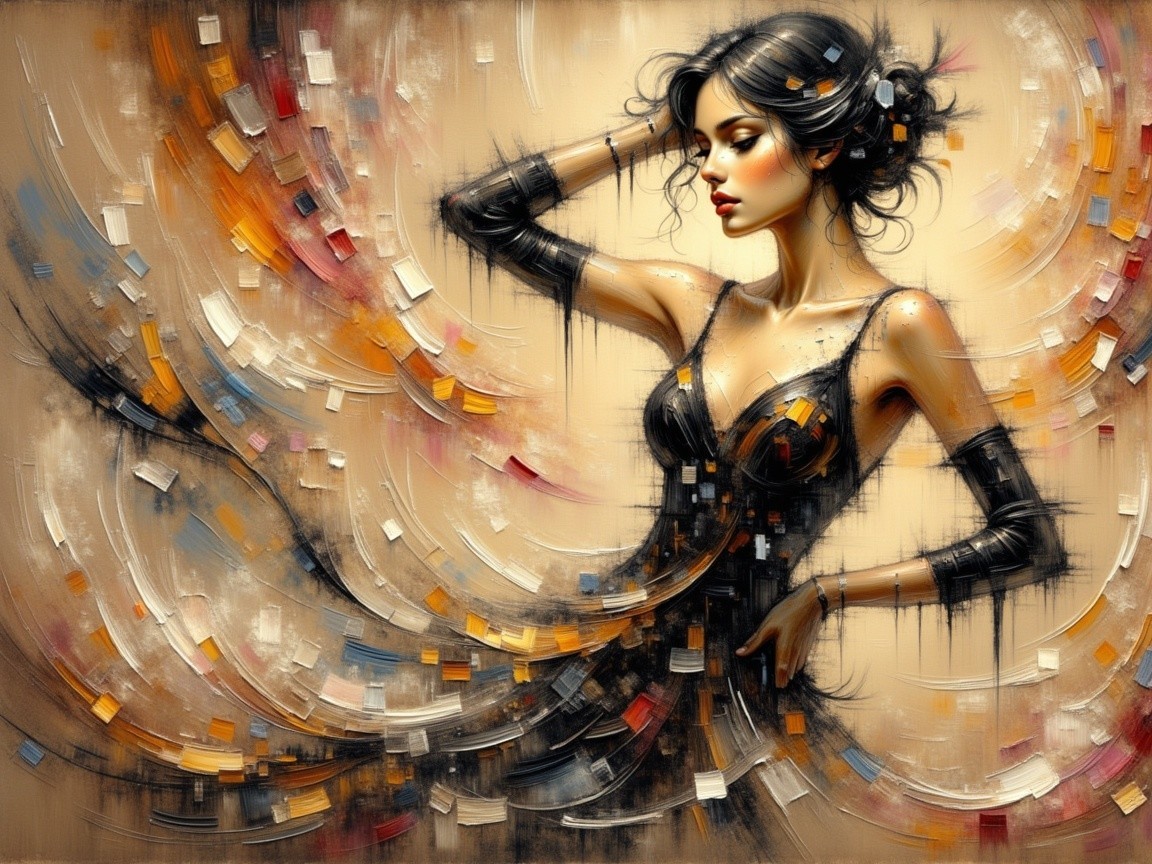 Elegant Woman in Shimmering Black Dress with Patterns