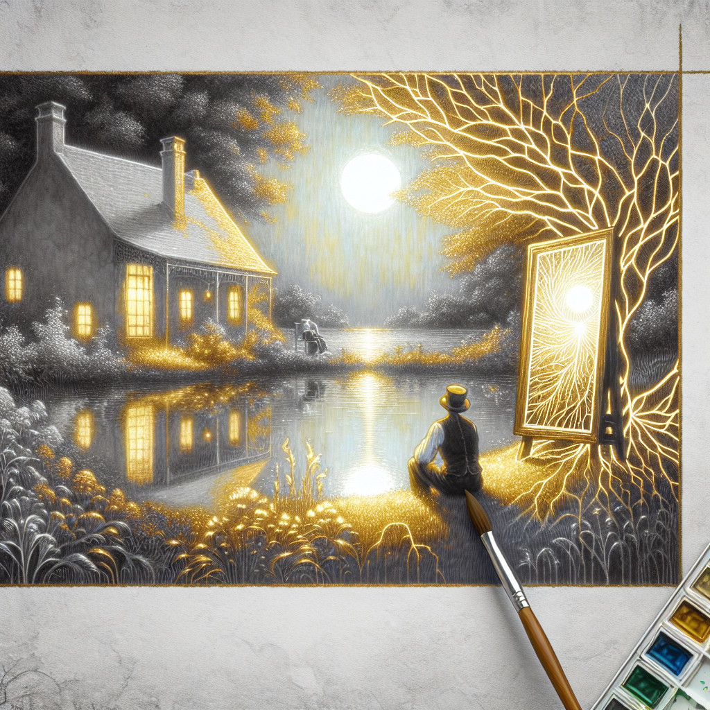 Serene Landscape with Cottage and Shimmering Lake