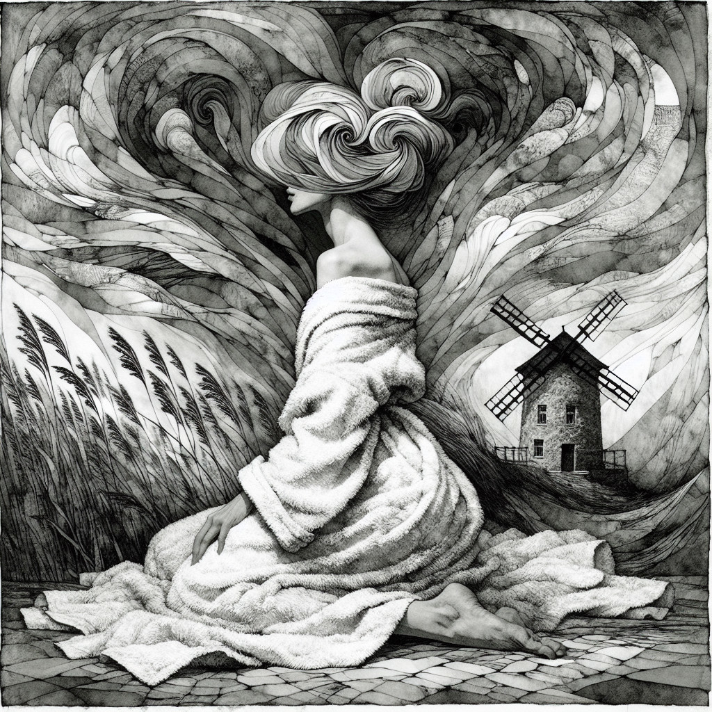 Woman in flowing robe with swirling hair and windmill