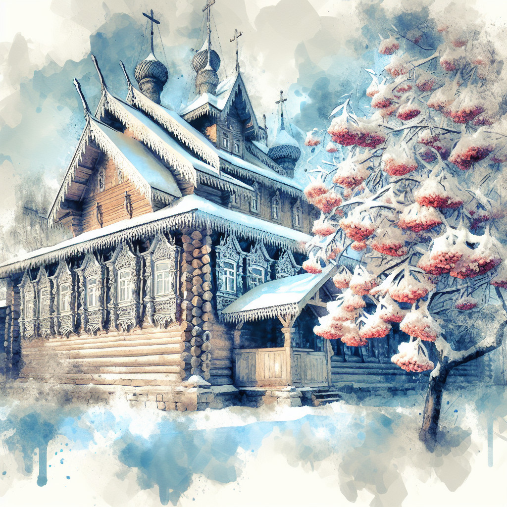 Wooden church in snowy landscape with vibrant berries