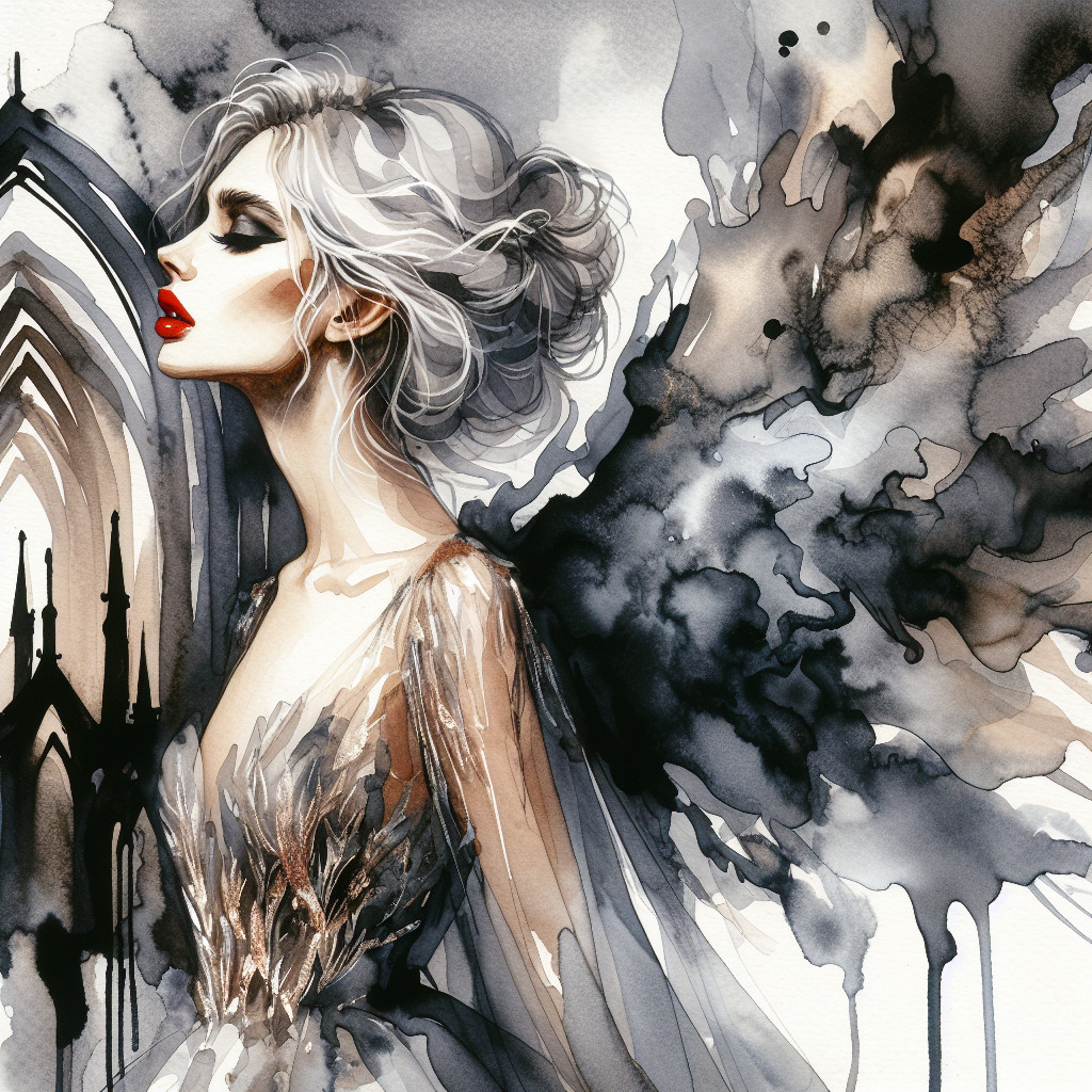 Ethereal figure in intricate dress with gothic backdrop