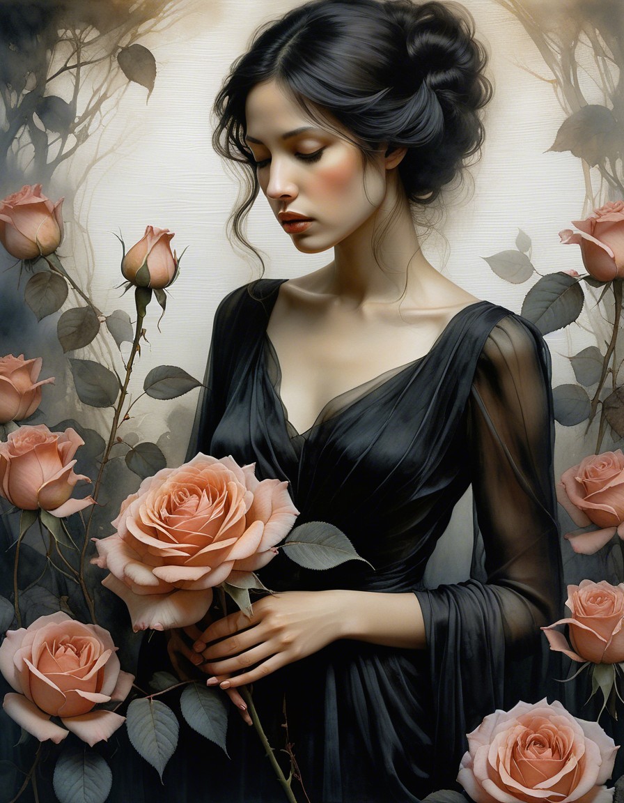Young Woman in Black Gown Among Pink Roses