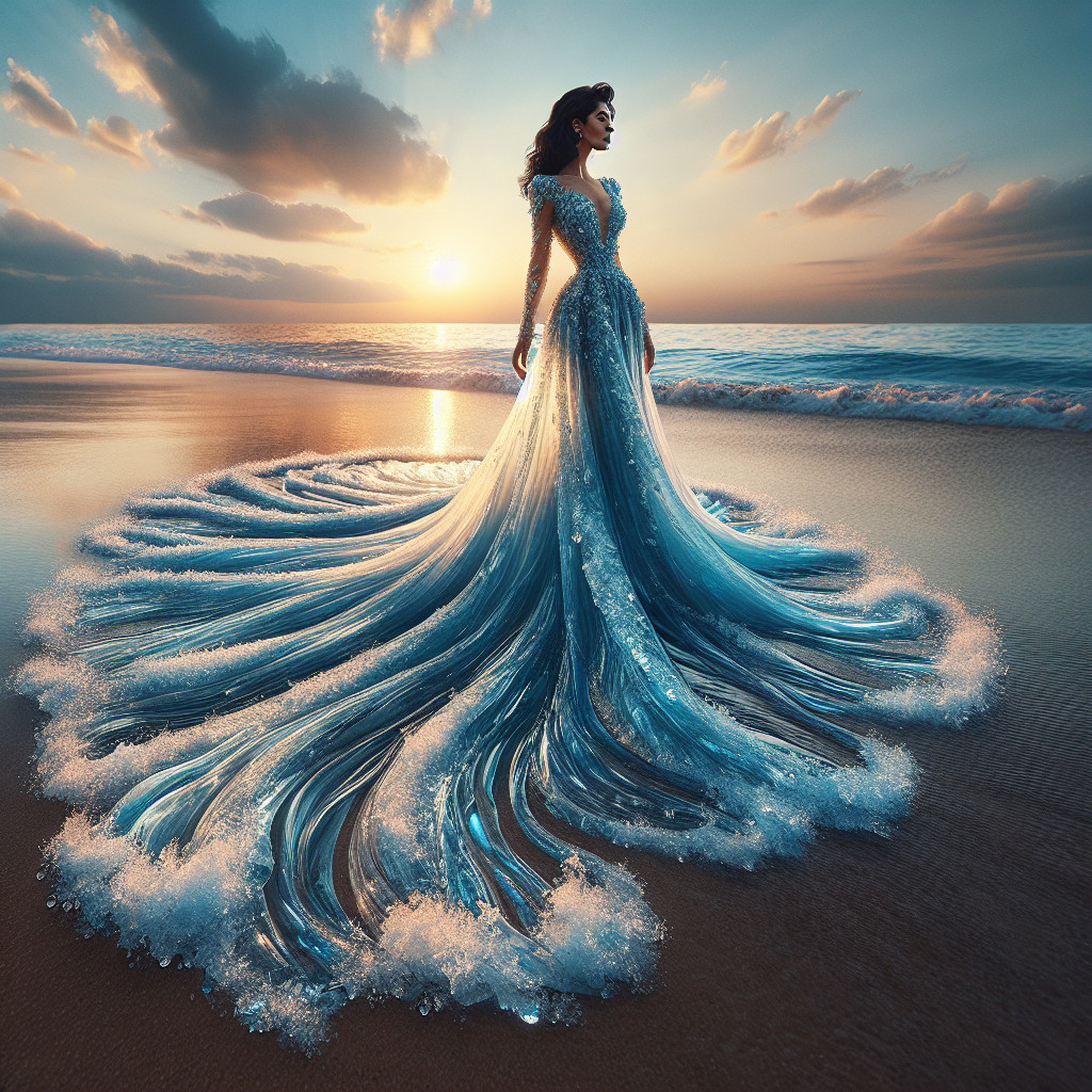 Profile of a woman in a flowing gown on a beach at sunset