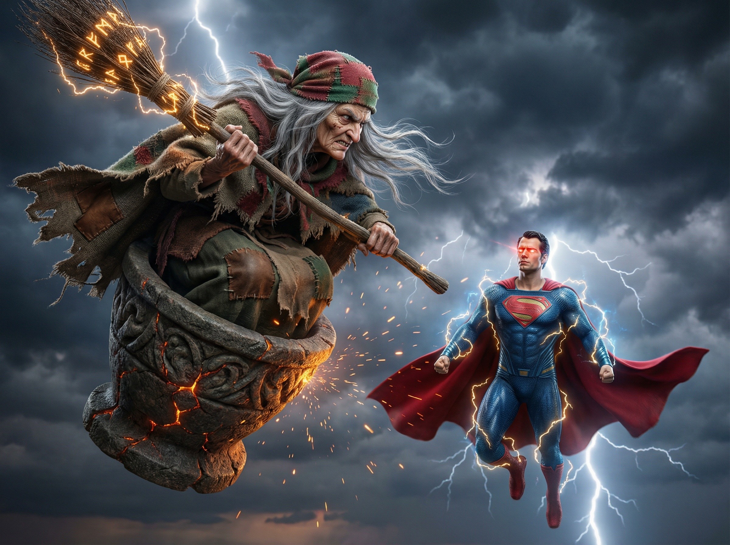 Hyperrealistic depiction of a hag and Superman confrontation
