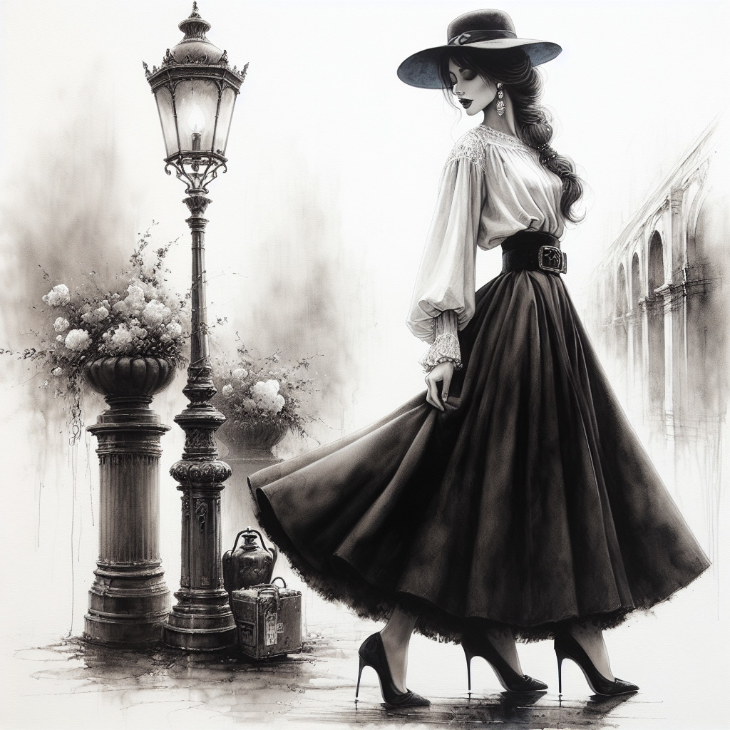 Elegant Vintage Woman by Classic Street Lamp Illustration