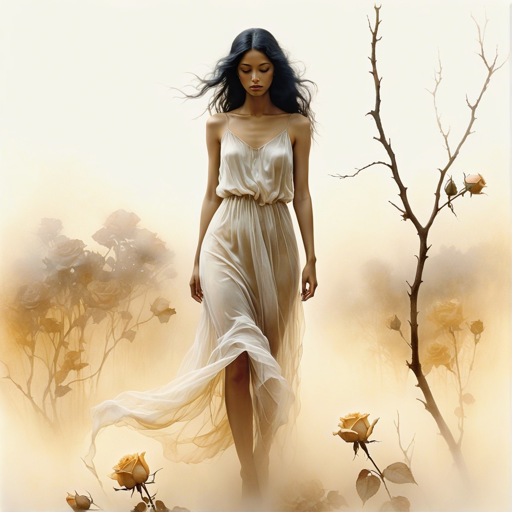 Serene figure in sheer gown amidst a hazy landscape