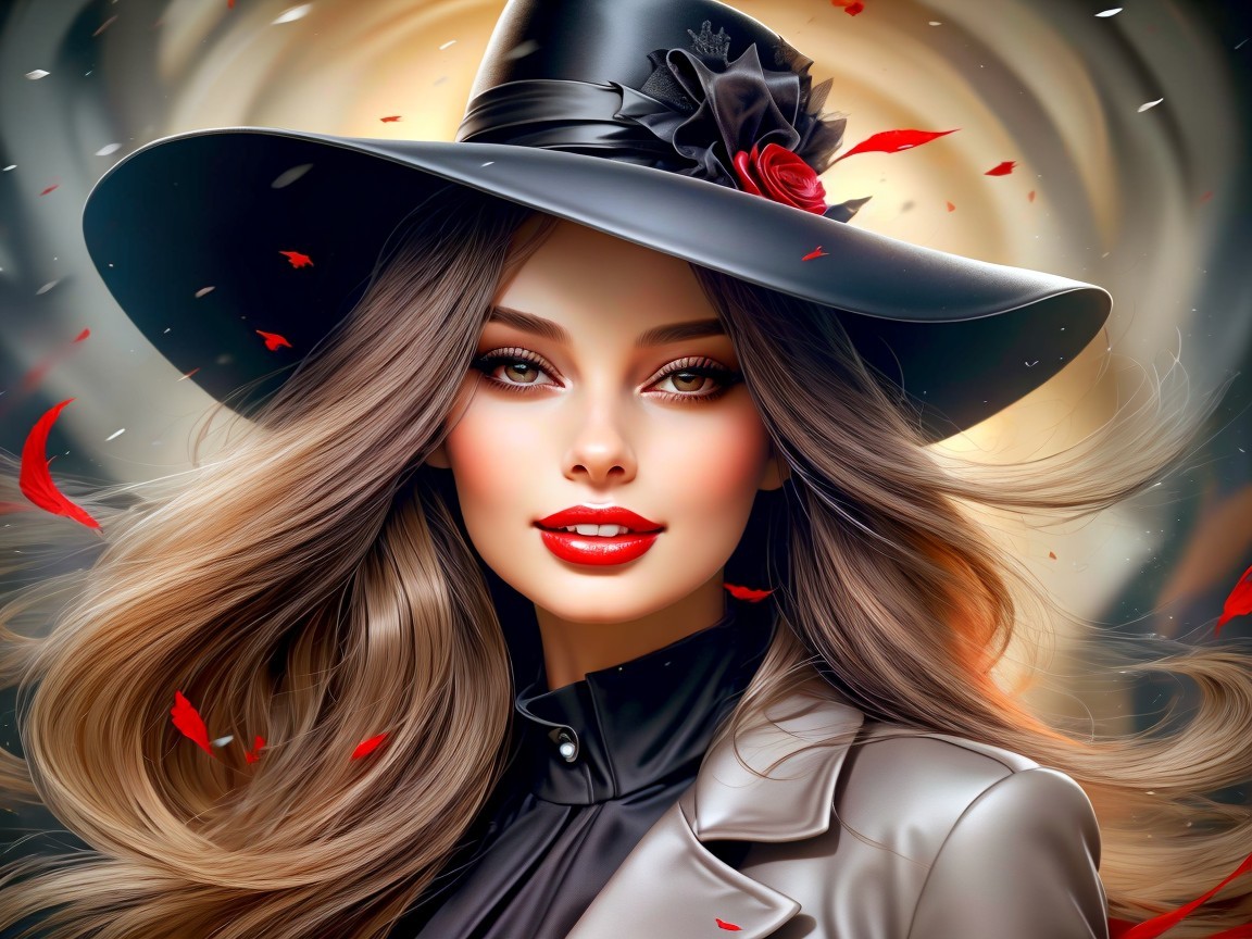 Elegant Woman in Black Hat Surrounded by Autumn Leaves