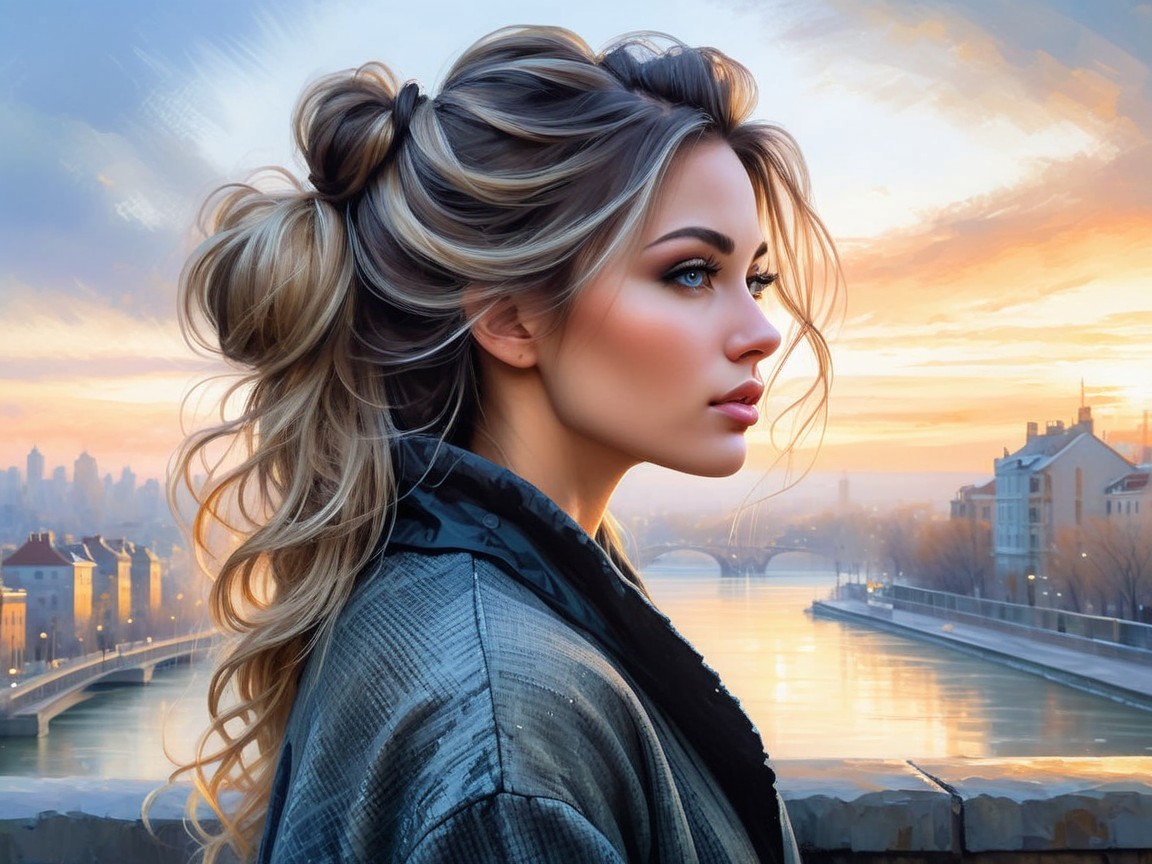 Young Woman by River at Sunset with City Skyline