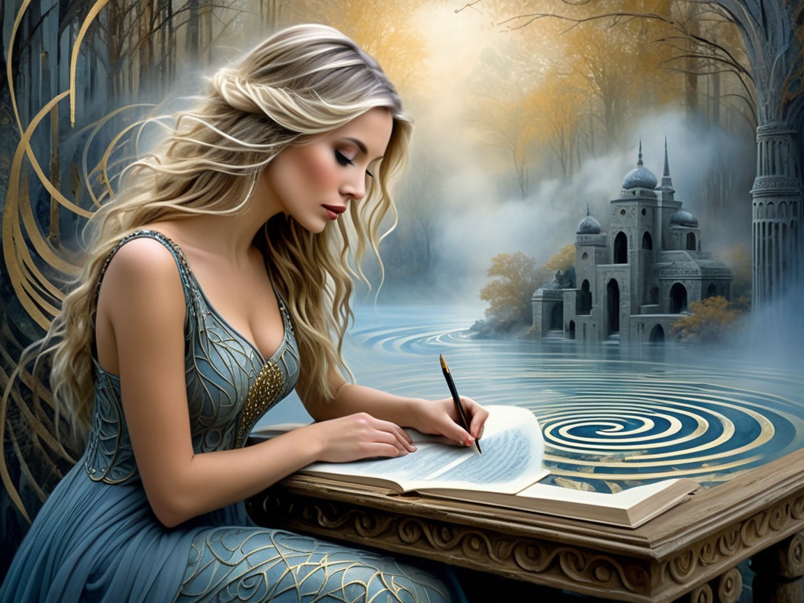 Pale-skinned woman in ethereal setting with water and mist