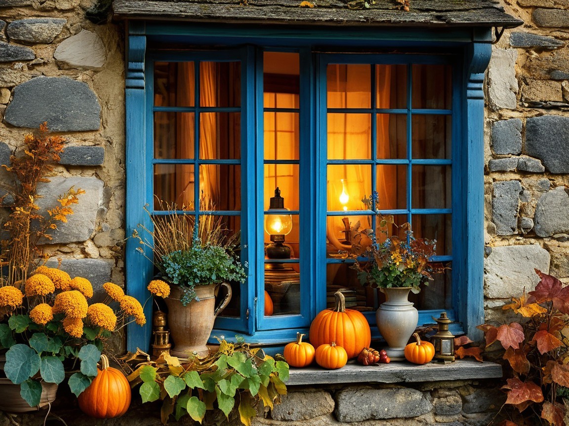 Vibrant Blue Framed Window with Autumn Decorations