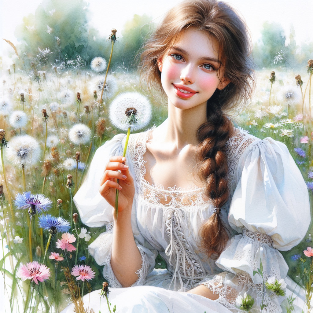 Young Woman in White Dress in Sunlit Meadow