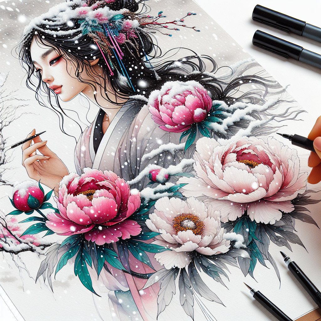 Serene Woman in Traditional Attire Surrounded by Peonies