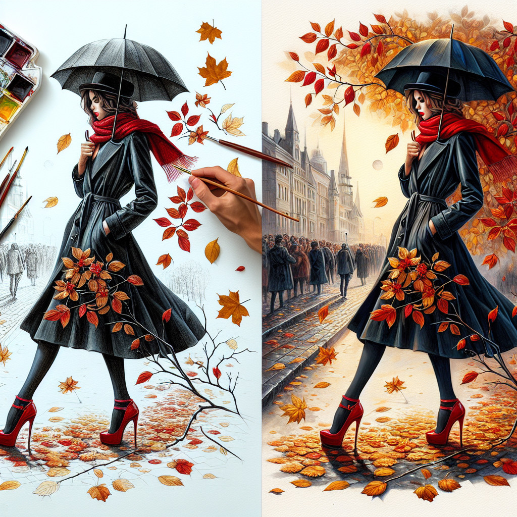 Stylish Woman in Black Coat Amidst Autumn Leaves